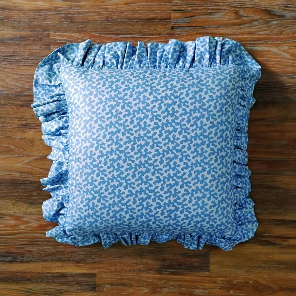Vintage Handmade Chinoiserie Throw Pillow With Ruffle, Teapot Design, Blue Green